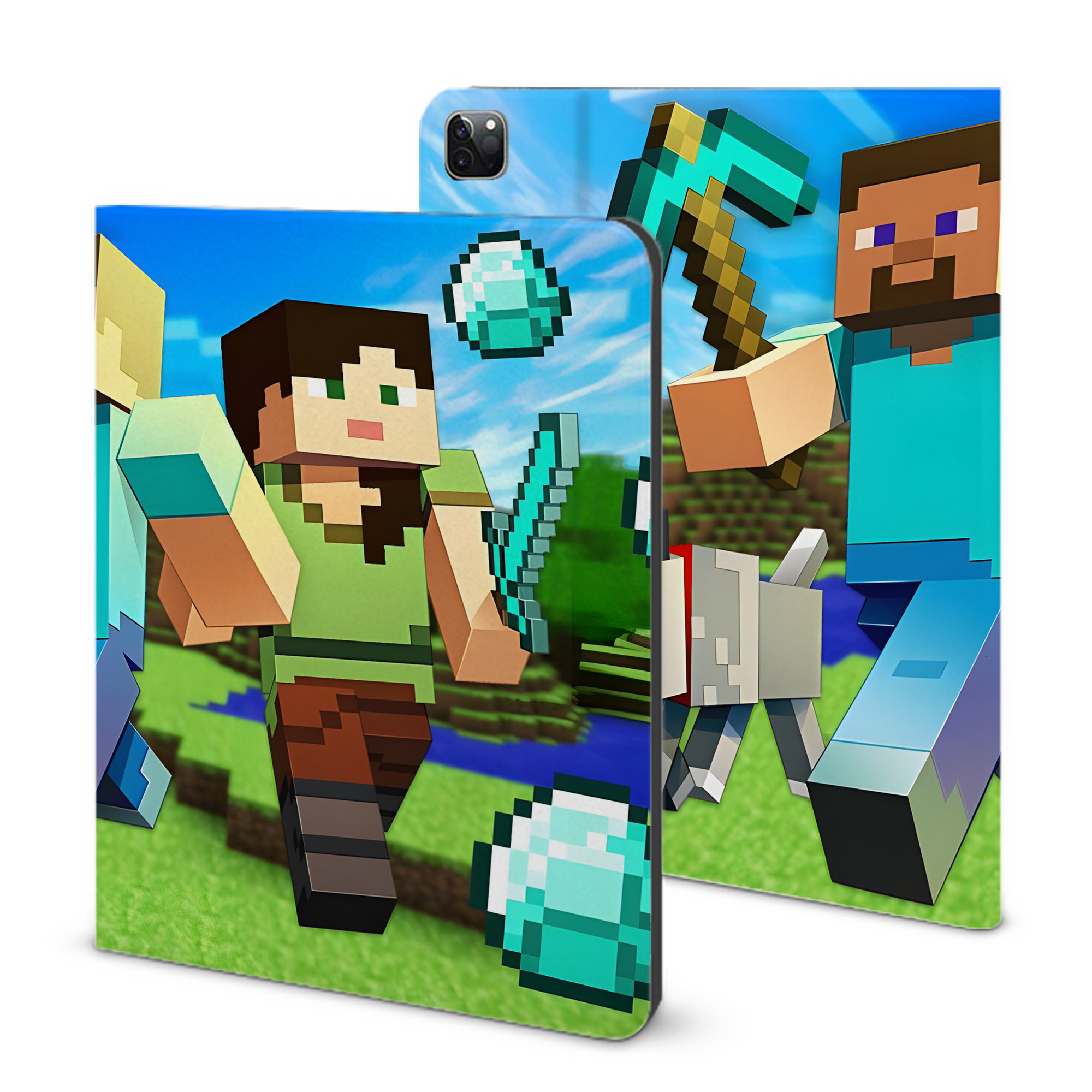 （画像用） マインクラフト ブロックの世界 Minecraft MC Block world IPad ケース ブック型 PUレザー TPU 耐衝撃 軽量 薄型 ペン収納なし 全面保護 IPad 各モデル対応